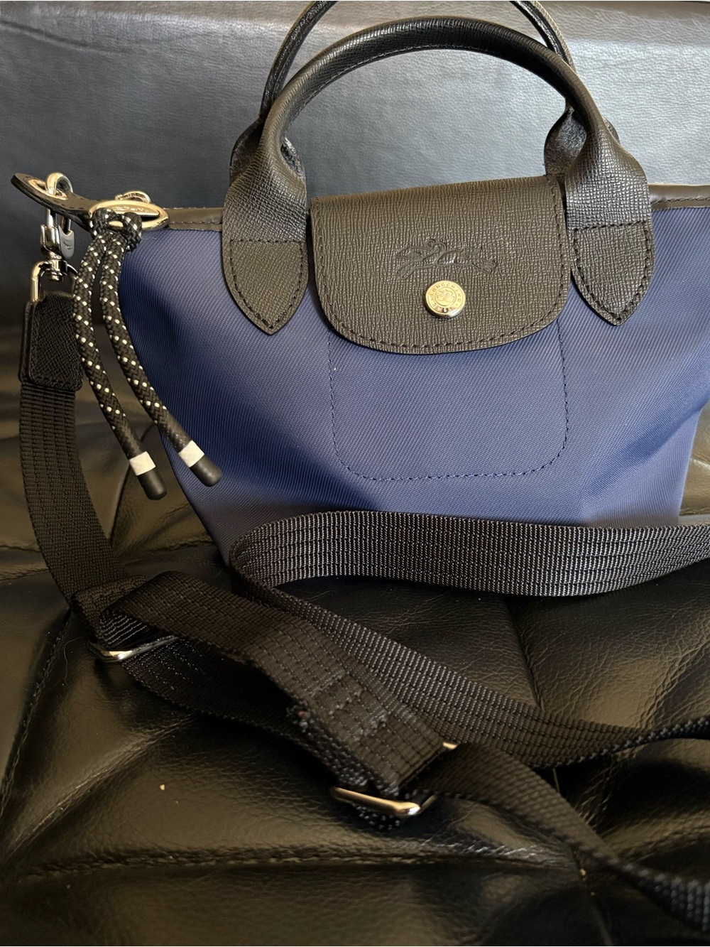 Longchamp Crossbody Le Pliage in Navy with Black Trim